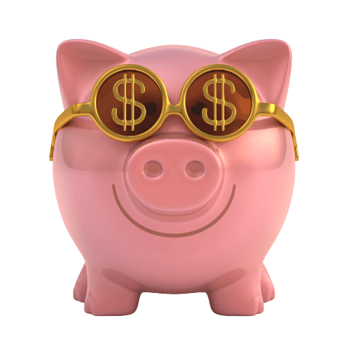 Piggy bank wearing sunglasses with money sign.