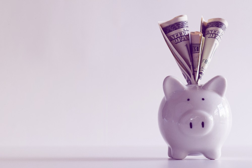 American dollars banknotes money into piggy bank on white background.